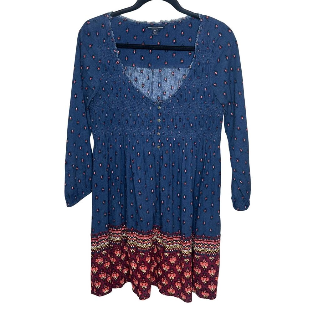 American Eagle Outfitters Blue Mini Dress Red Floral Print Bohemian Indie S